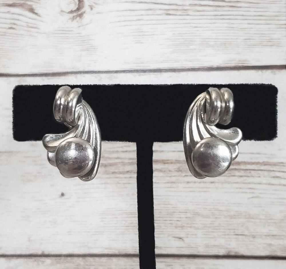 Vintage Screw Back Earrings Silver Tone Statement Flourish